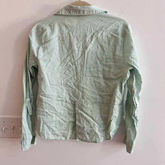 Saks Fifth Ave Green Linen Blend Popover Shirt M Striped Classic Collared Preppy - Picture 9 of 10